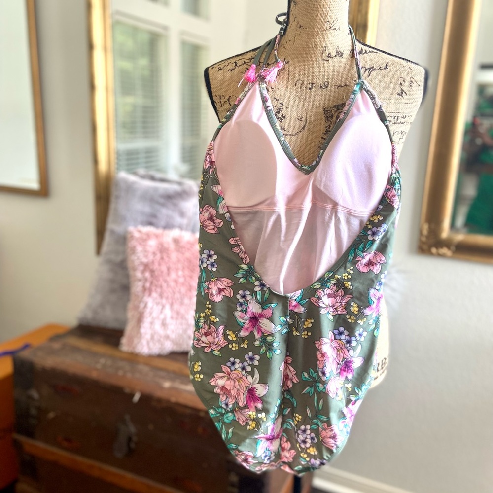 Hula Honey Green & Pink Tropic Romance Floral-Print Halter styled one piece. - Picture 5 of 9
